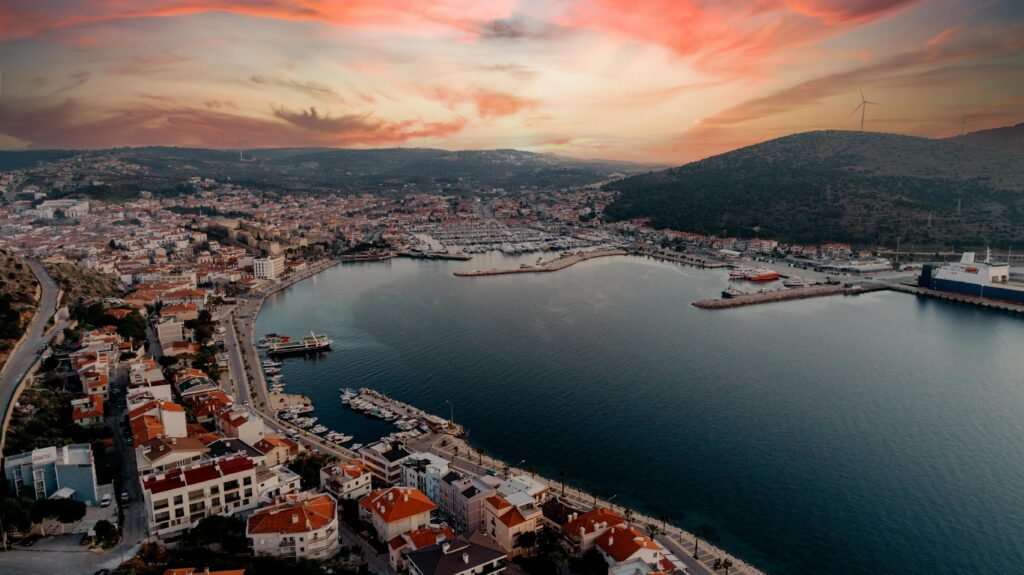 Aerial view of Izmir Cesme, the historical Cesme castle and marina, the world-famous district of turkey in tourism